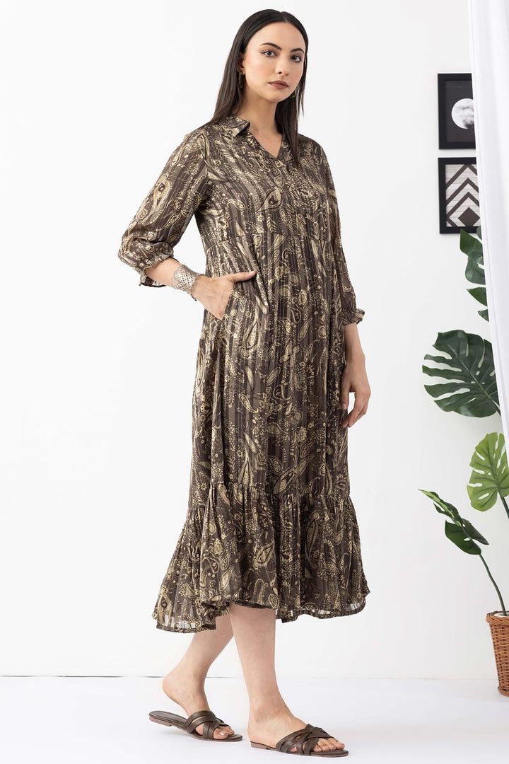 Olive Printed Dress with Collared Neck &amp; 3/4 Sleeves