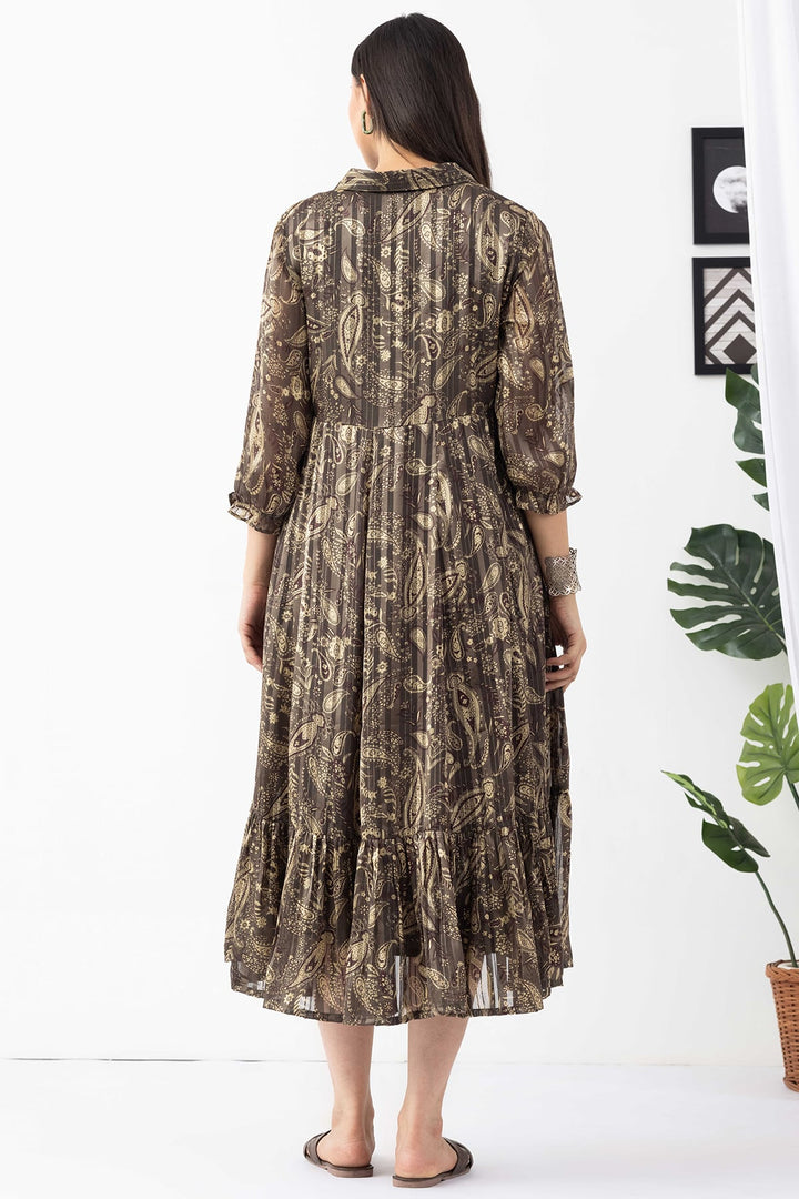 Olive Printed Dress with Collared Neck &amp; 3/4 Sleeves