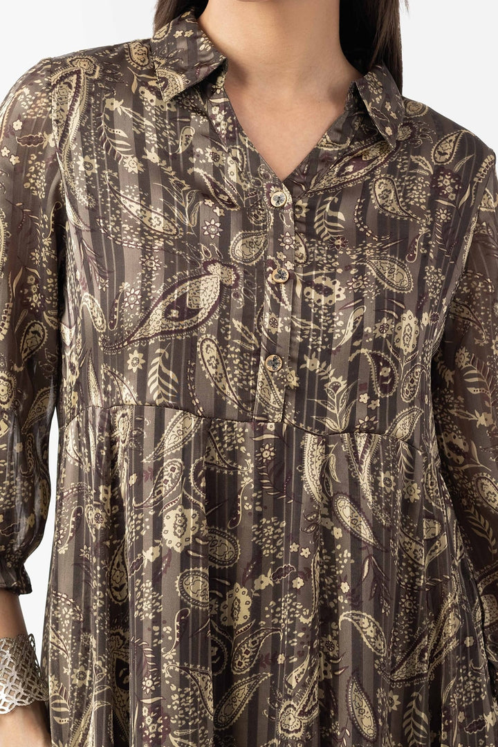 Olive Printed Dress with Collared Neck &amp; 3/4 Sleeves