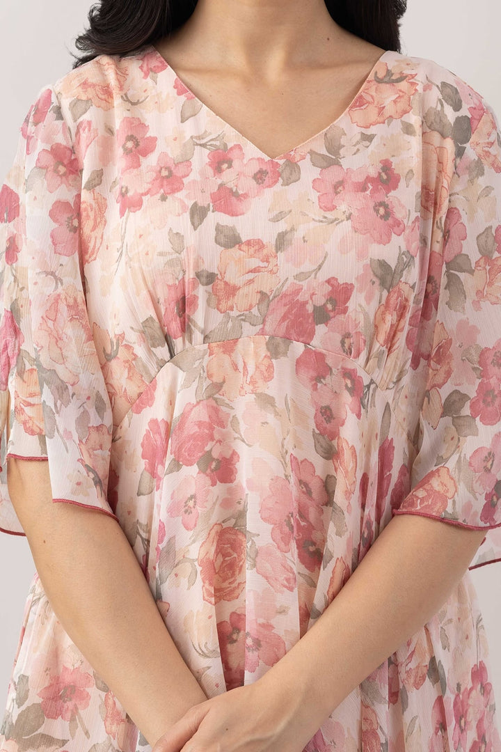 Pink Floral Printed Chiffon Dress with Flared Sleeves