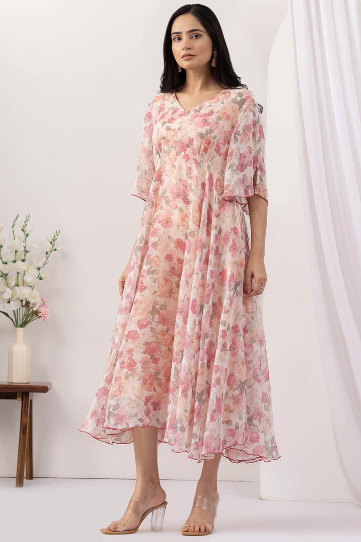 Pink Floral Printed Chiffon Dress with Flared Sleeves