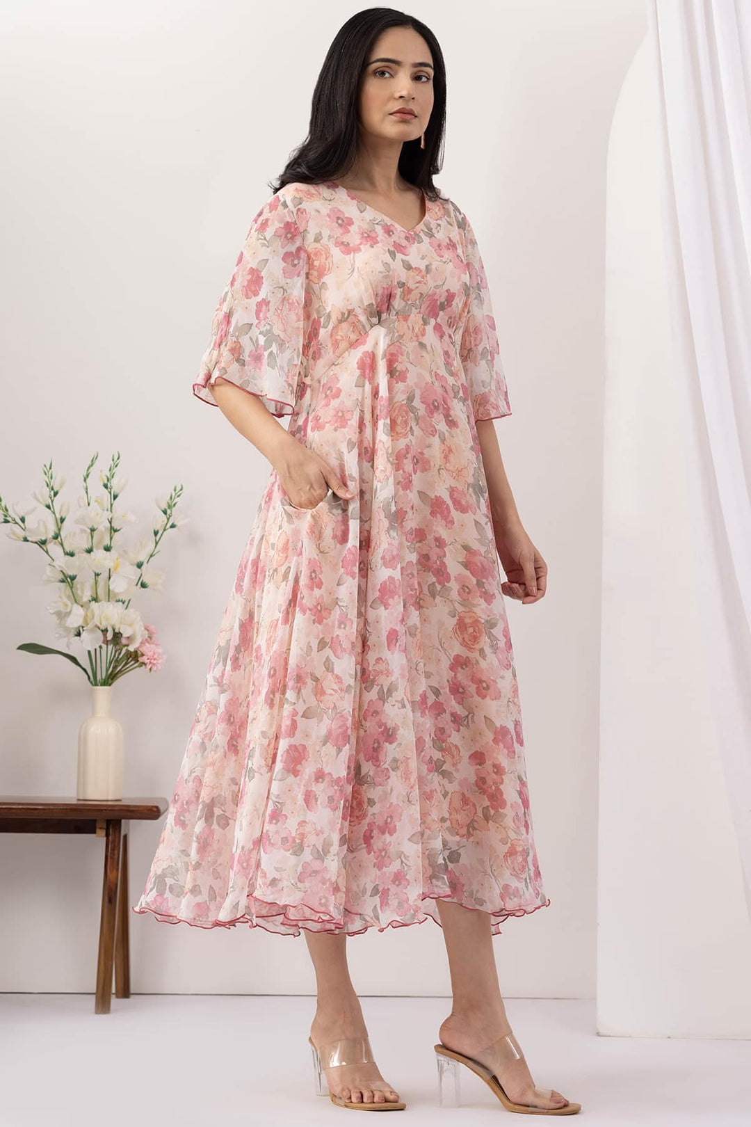 Pink Floral Printed Chiffon Dress with Flared Sleeves