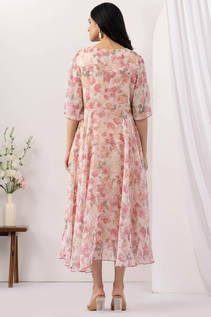Pink Floral Printed Chiffon Dress with Flared Sleeves