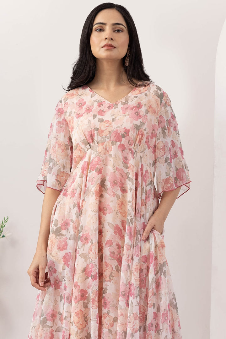 Pink Floral Printed Chiffon Dress with Flared Sleeves