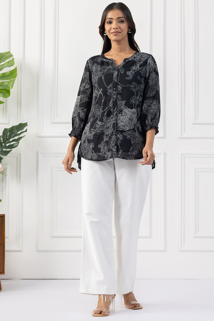 Black Printed &amp; Embellished Top with Relaxed Fit