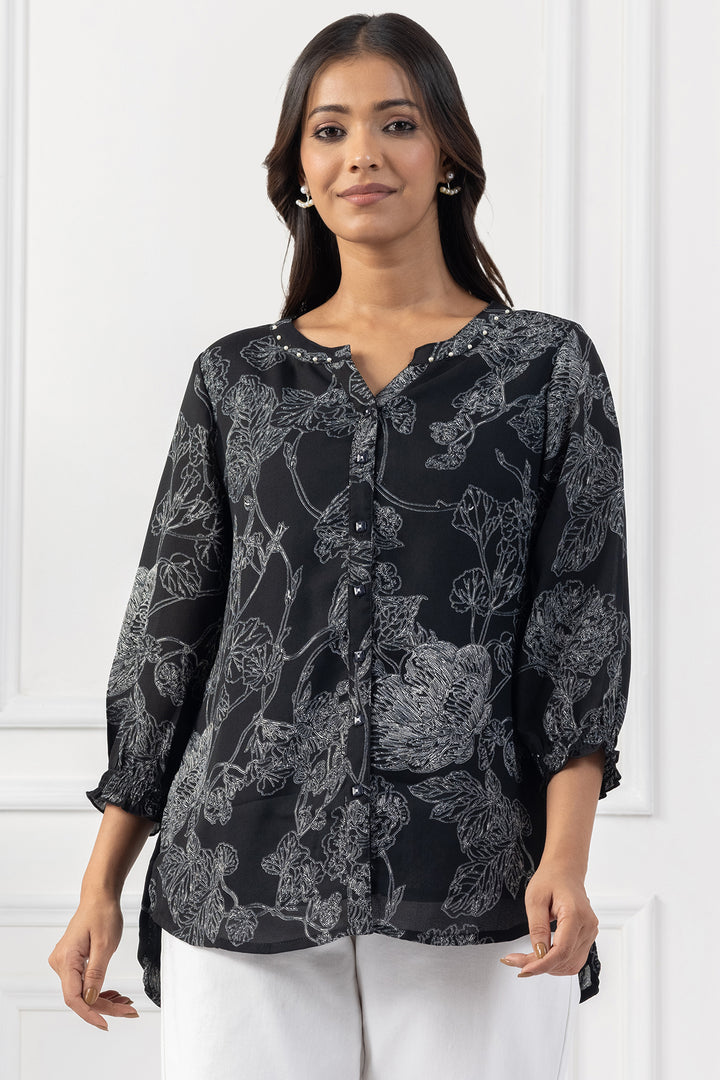 Black Printed &amp; Embellished Top with Relaxed Fit