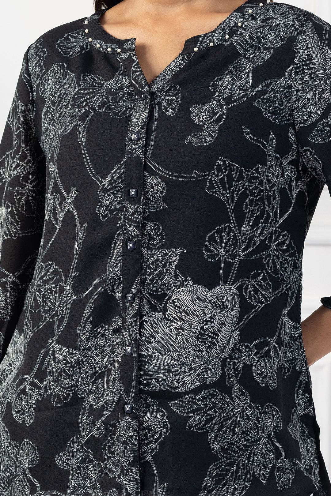 Black Printed &amp; Embellished Top with Relaxed Fit