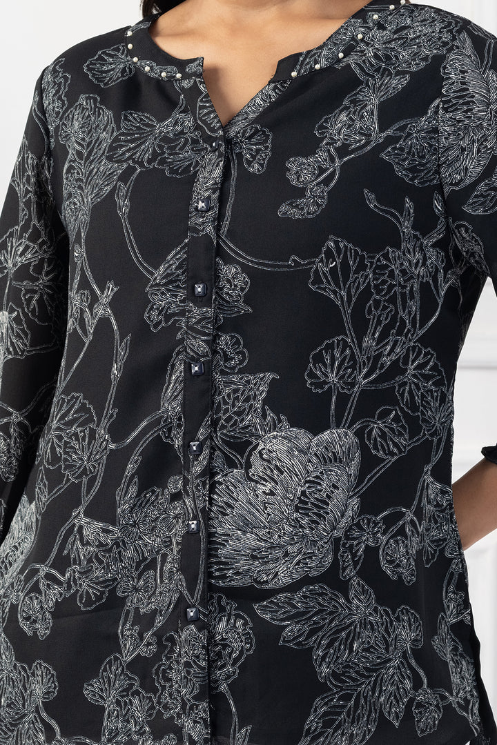 Black Printed &amp; Embellished Top with Relaxed Fit