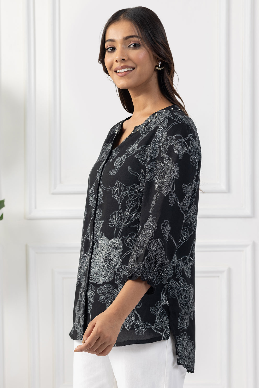 Black Printed &amp; Embellished Top with Relaxed Fit
