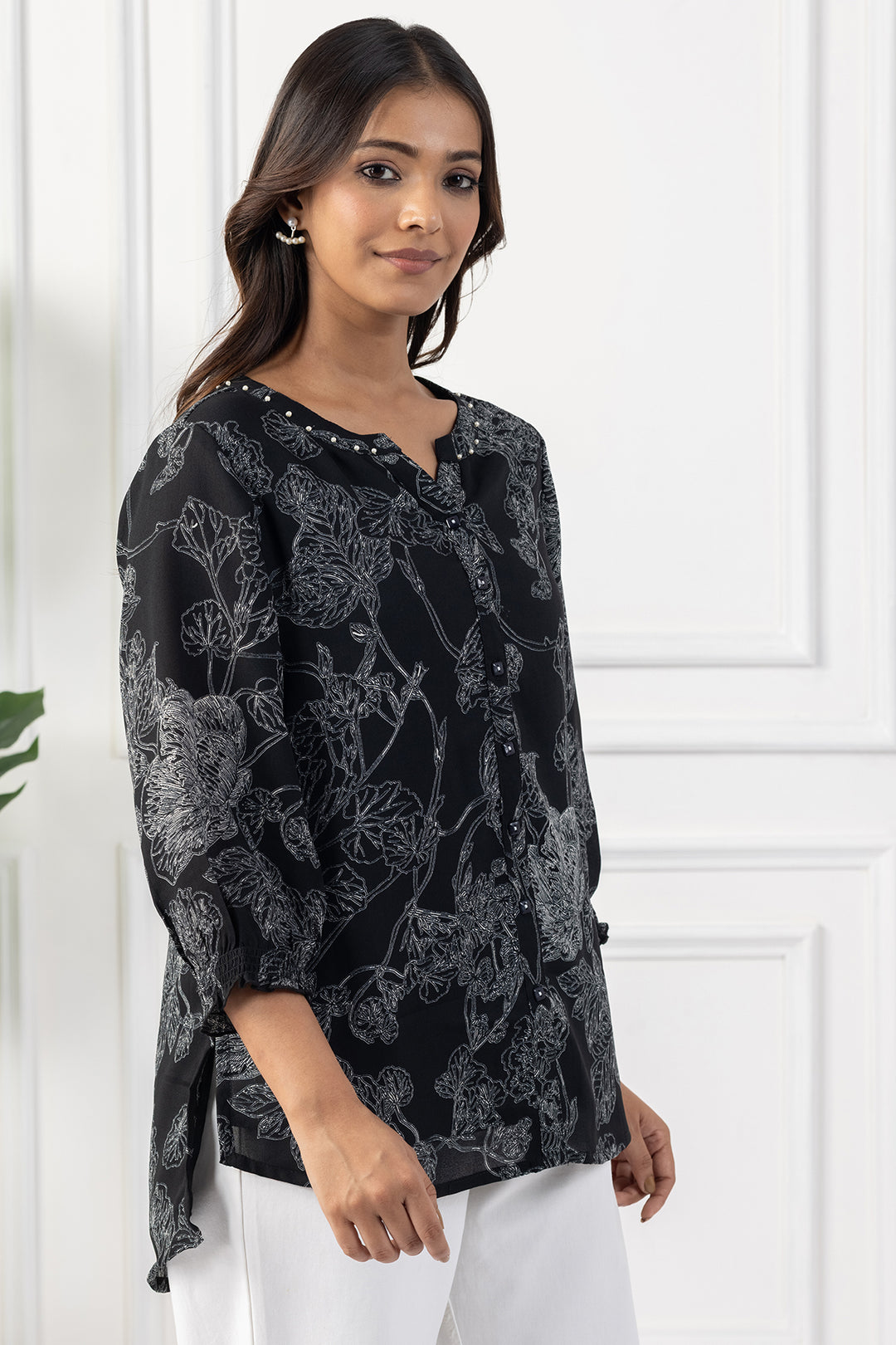 Black Printed &amp; Embellished Top with Relaxed Fit