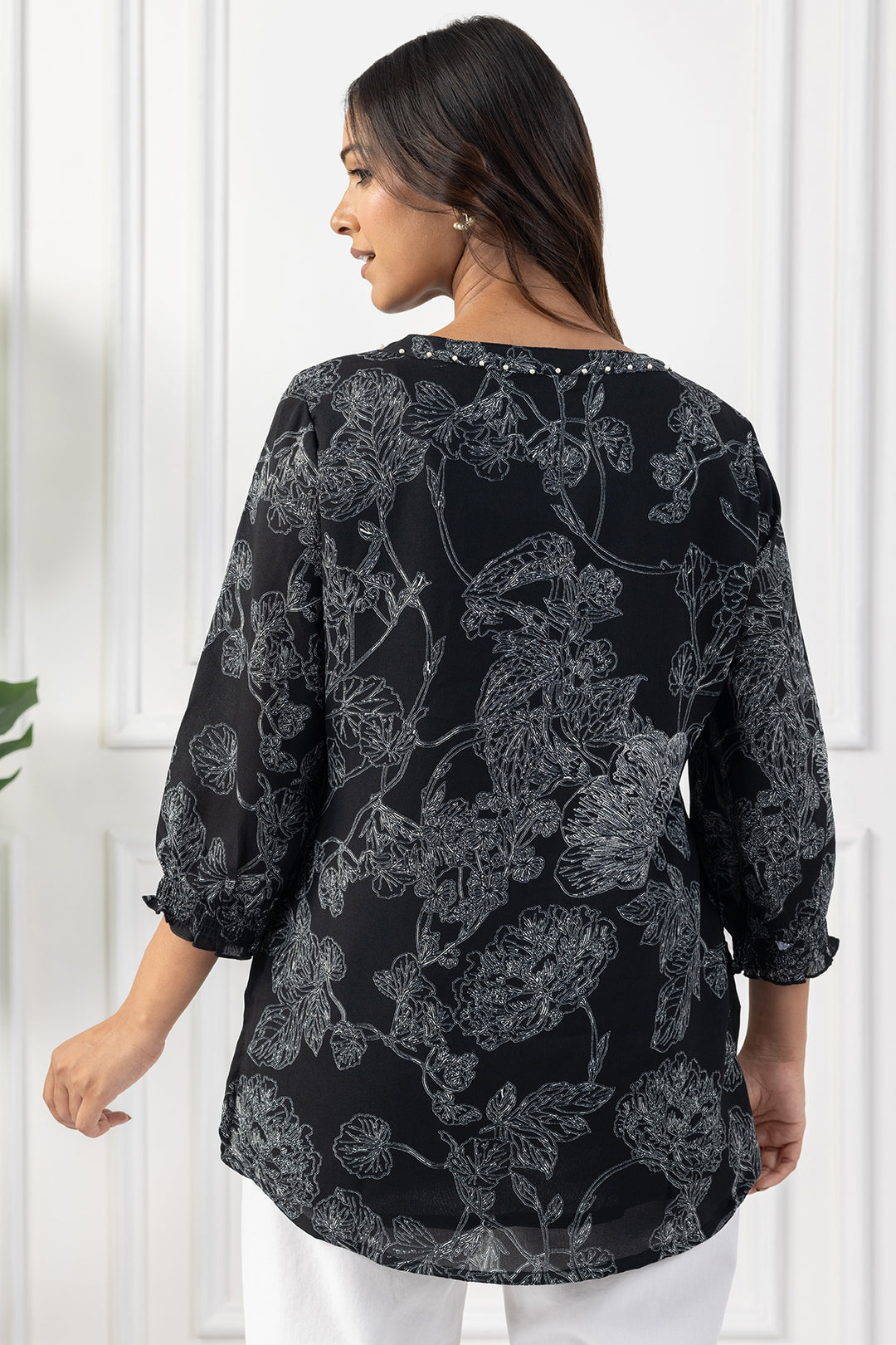 Black Printed &amp; Embellished Top with Relaxed Fit