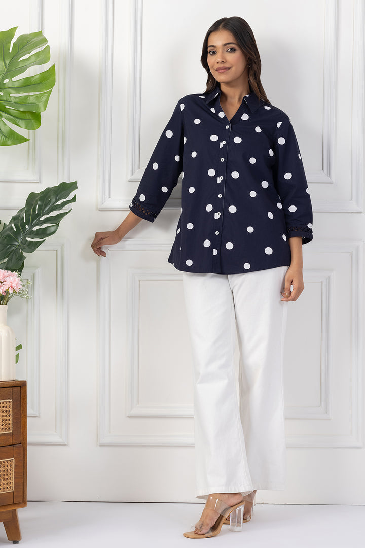 Navy Polka Dot Cotton Shirt with Regular Fit