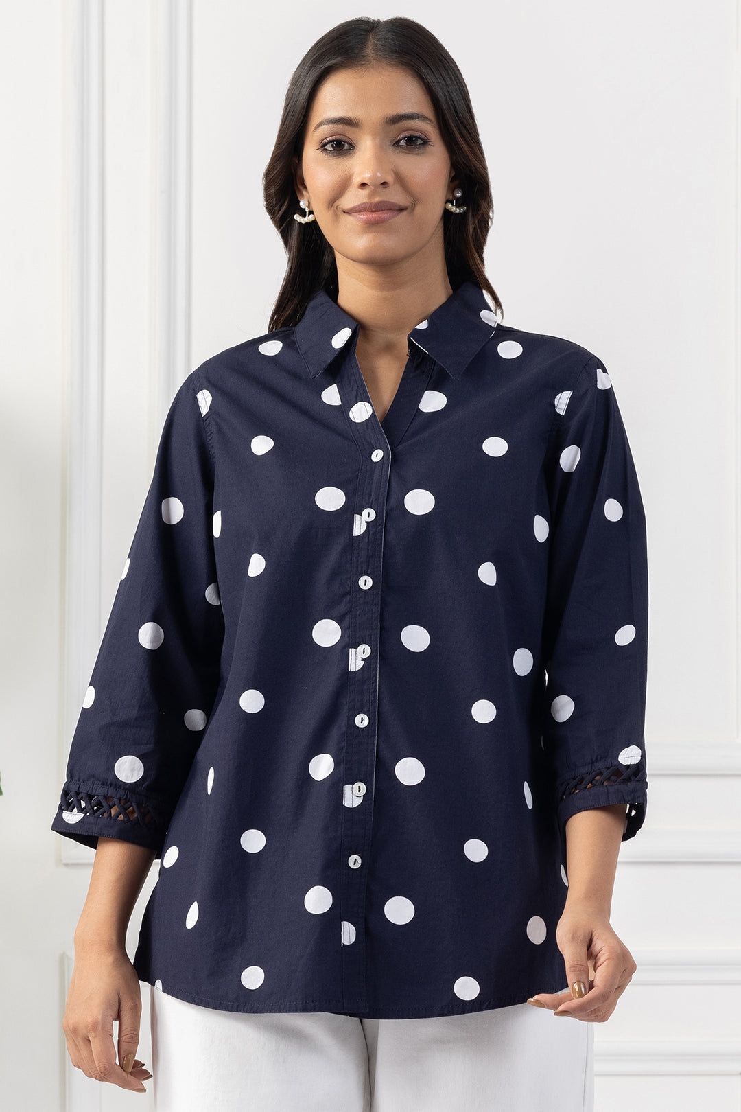 Navy Polka Dot Cotton Shirt with Regular Fit