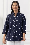 Navy Polka Dot Cotton Shirt with Regular Fit