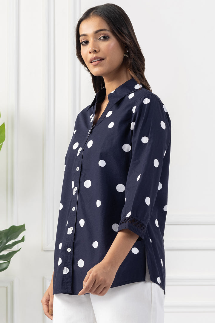 Navy Polka Dot Cotton Shirt with Regular Fit