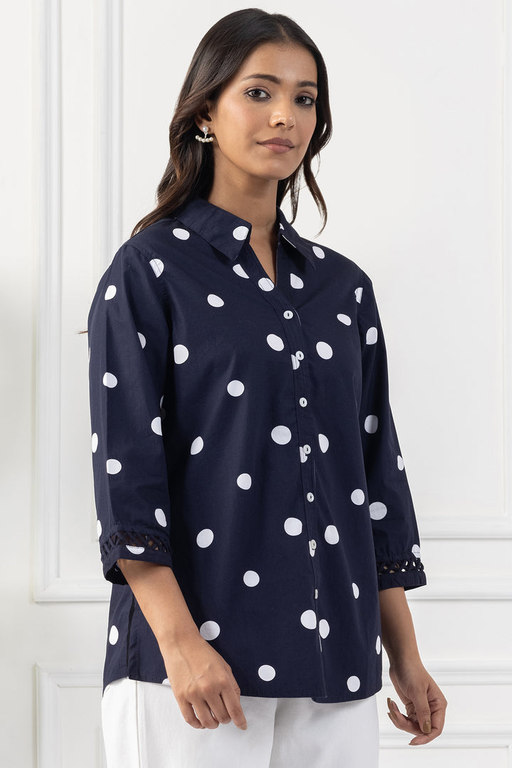 Navy Polka Dot Cotton Shirt with Regular Fit