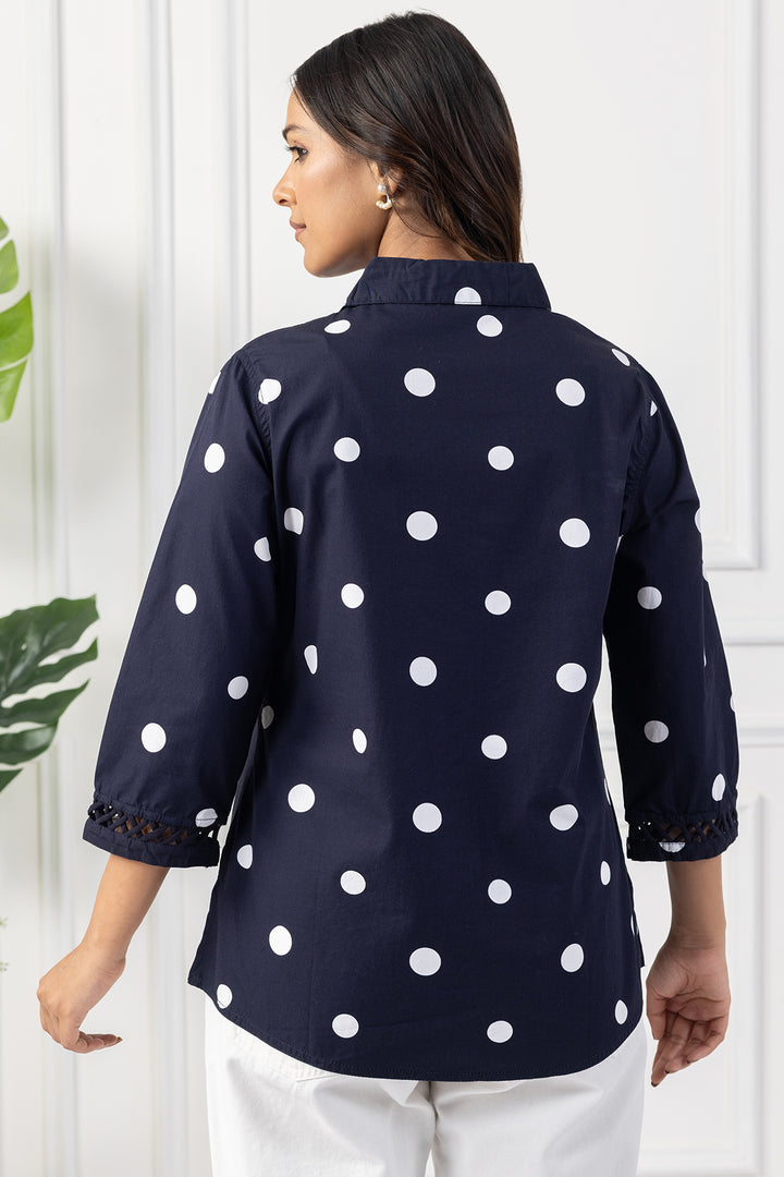 Navy Polka Dot Cotton Shirt with Regular Fit