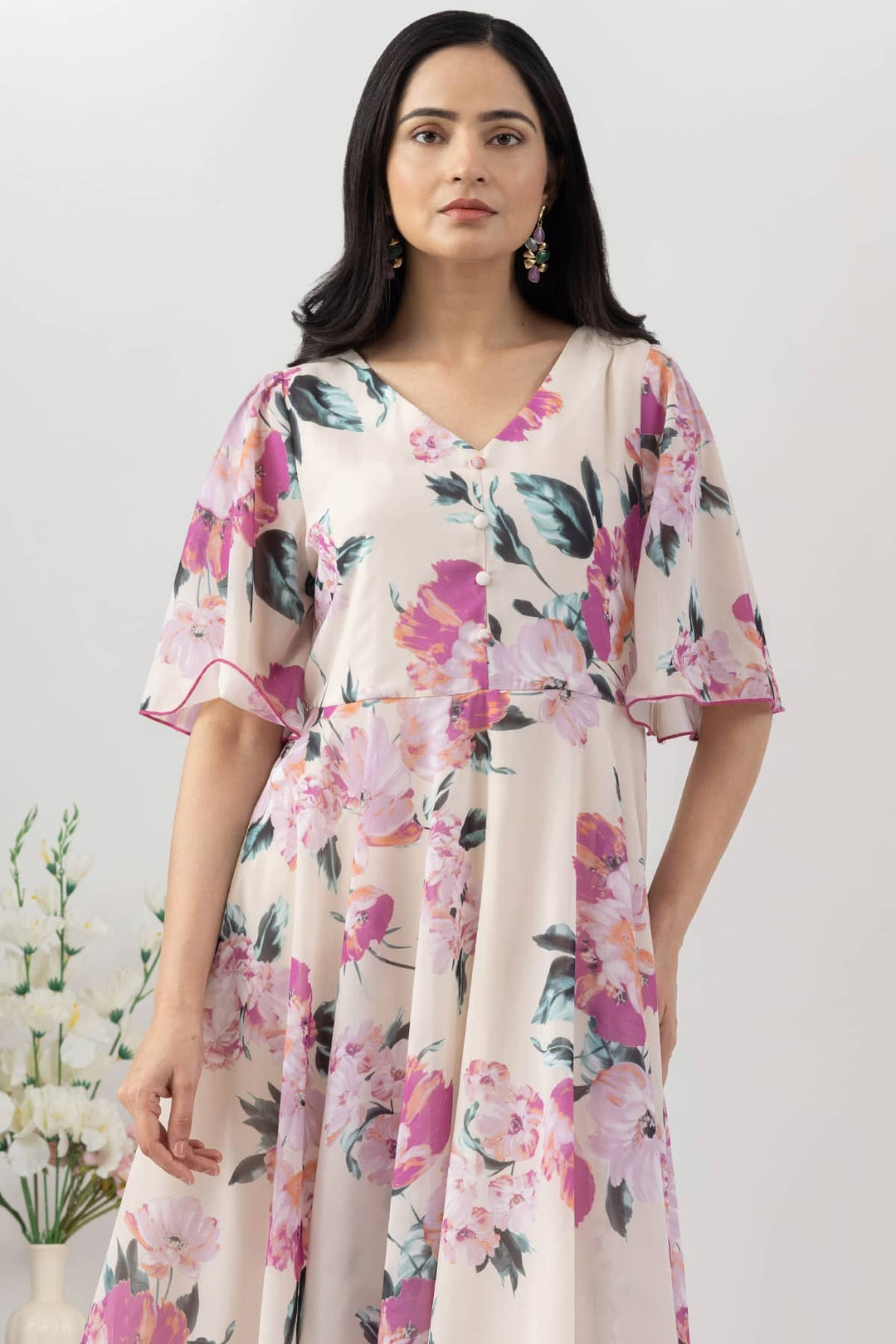 Light Pink Printed Georgette Dress with V Neck &amp; Flared Sleeves