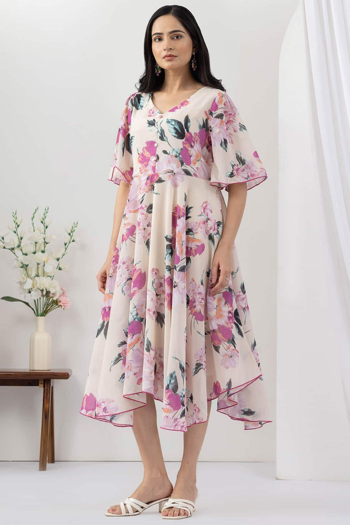 Light Pink Printed Georgette Dress with V Neck &amp; Flared Sleeves