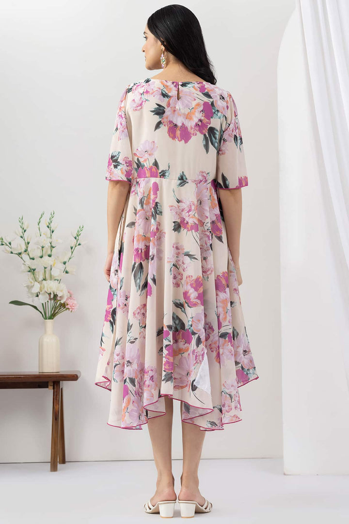 Light Pink Printed Georgette Dress with V Neck &amp; Flared Sleeves
