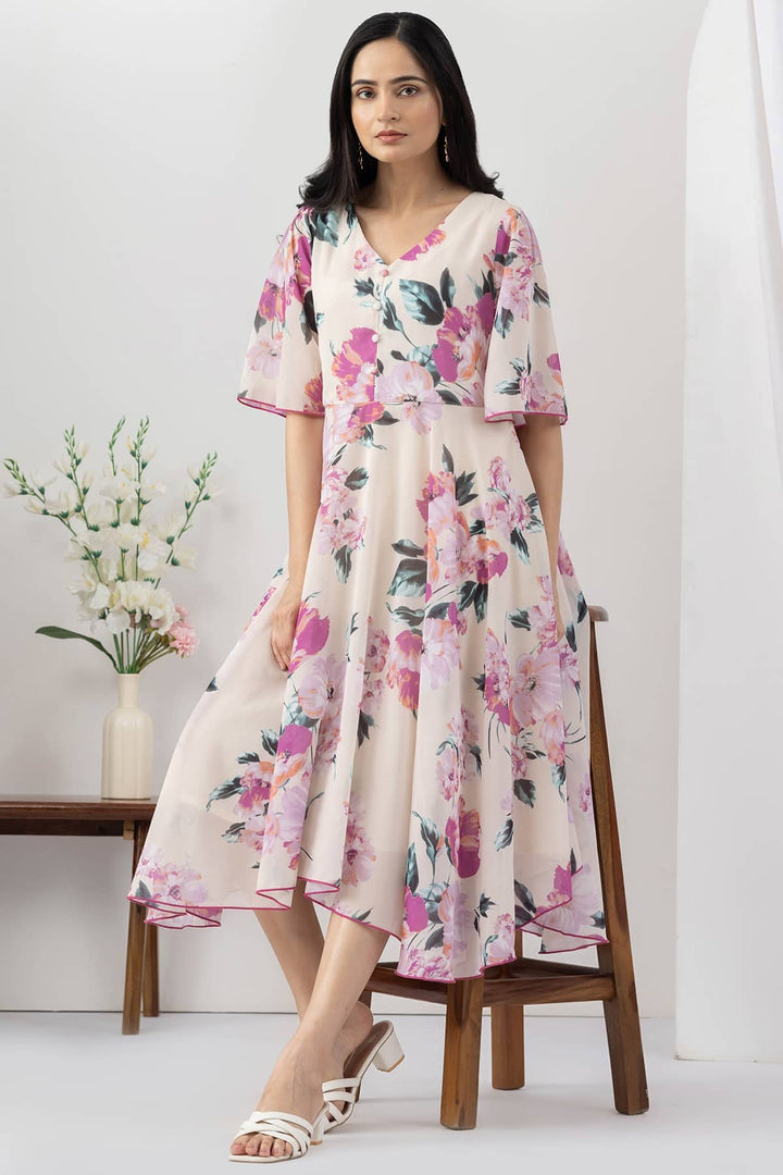 Light Pink Printed Georgette Dress with V Neck &amp; Flared Sleeves