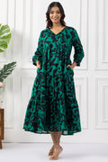 Green & Black Printed Cotton Dress with V Neck