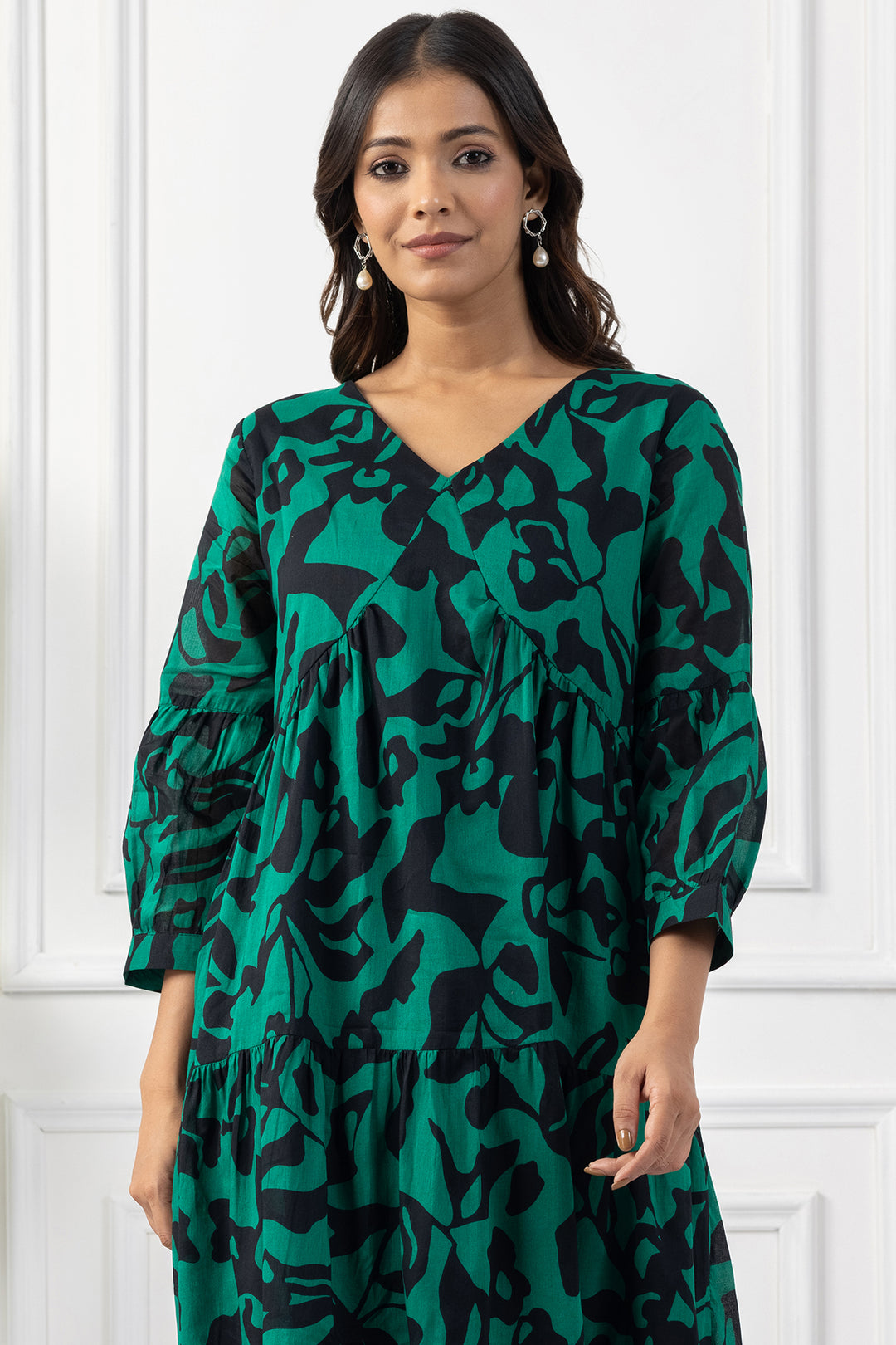 Green &amp; Black Printed Cotton Dress with V Neck