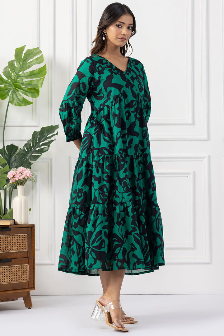 Green &amp; Black Printed Cotton Dress with V Neck