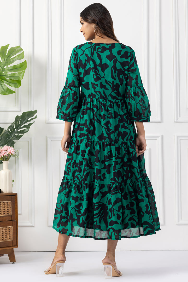 Green &amp; Black Printed Cotton Dress with V Neck