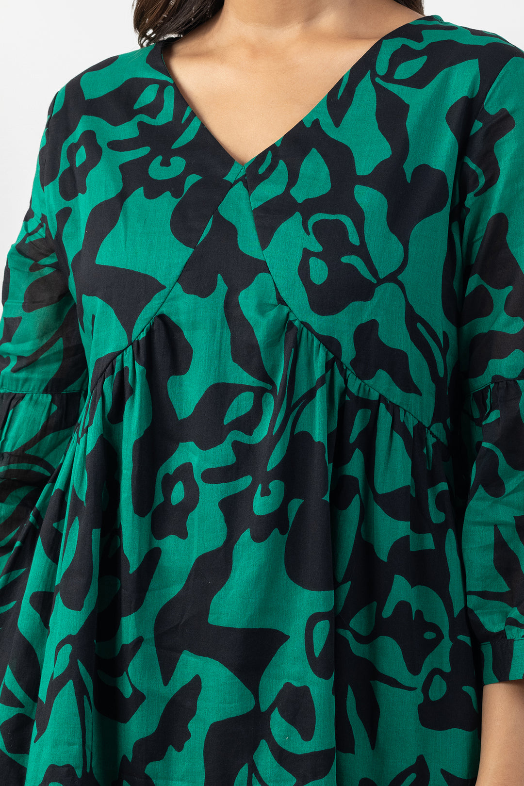 Green &amp; Black Printed Cotton Dress with V Neck