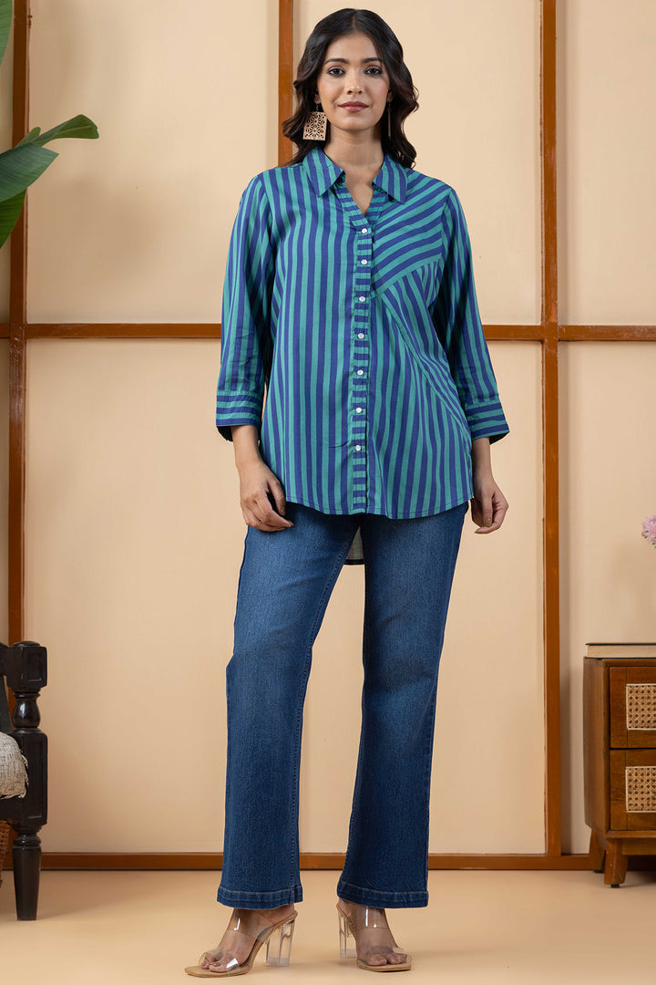 Green &amp; Purple Stripes Viscose Modal Shirt