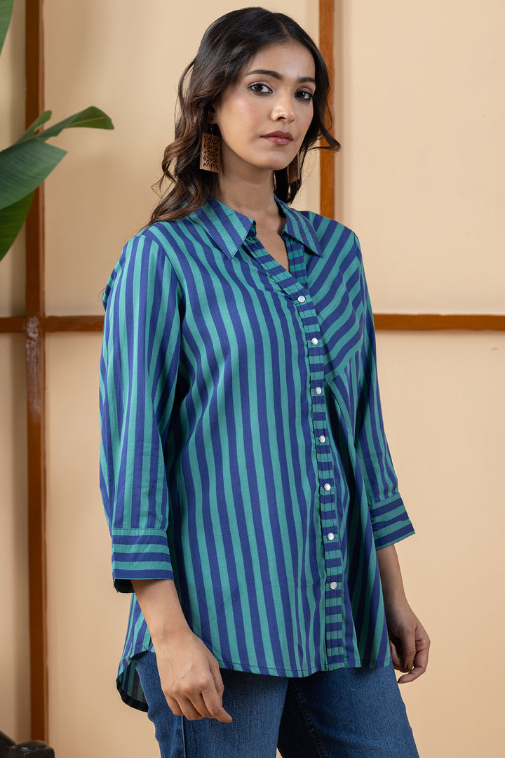 Green &amp; Purple Stripes Viscose Modal Shirt