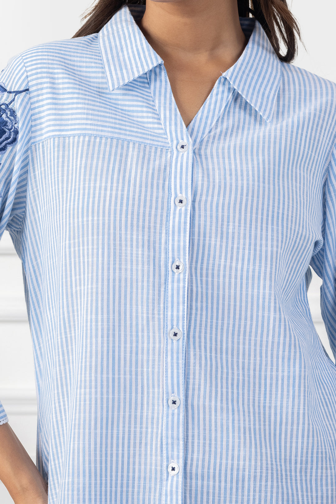 White &amp; Blue Striped Cotton Embroidered Shirt