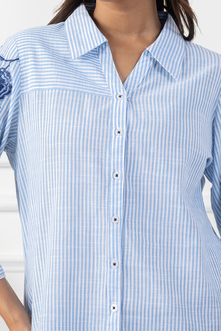White &amp; Blue Striped Cotton Embroidered Shirt