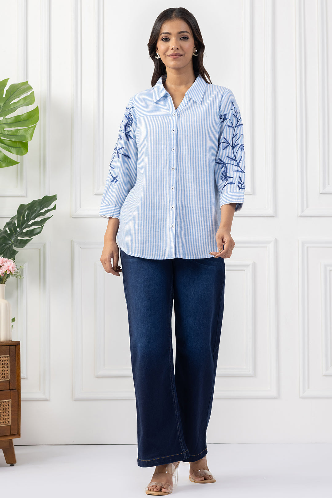 White &amp; Blue Striped Cotton Embroidered Shirt