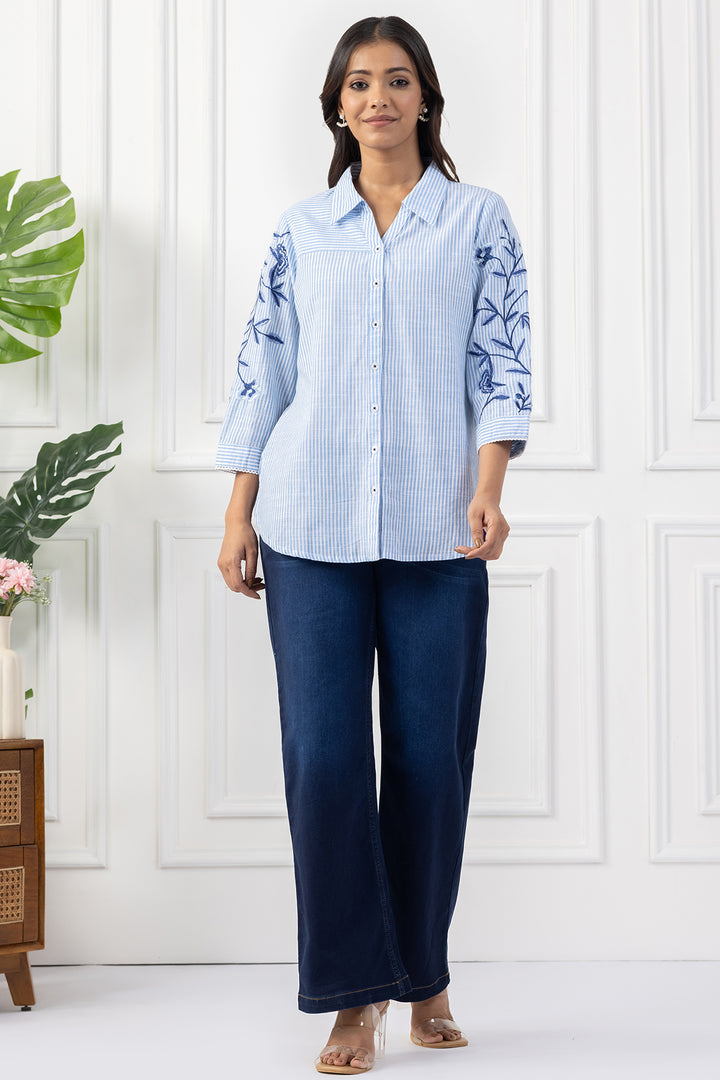 White &amp; Blue Striped Cotton Embroidered Shirt