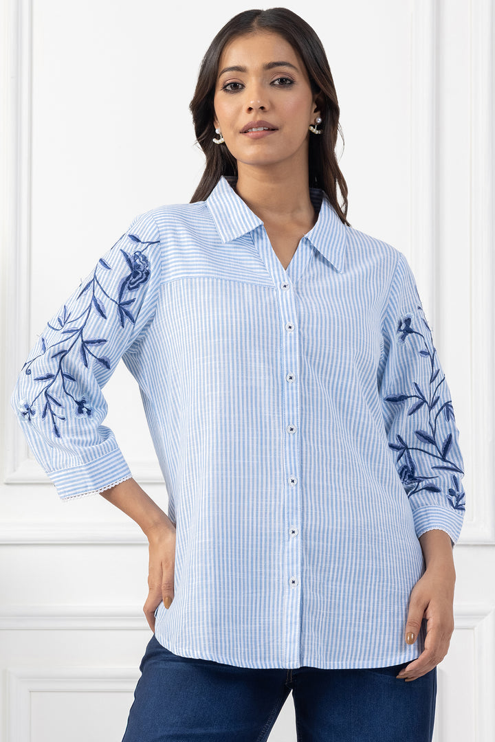 White &amp; Blue Striped Cotton Embroidered Shirt