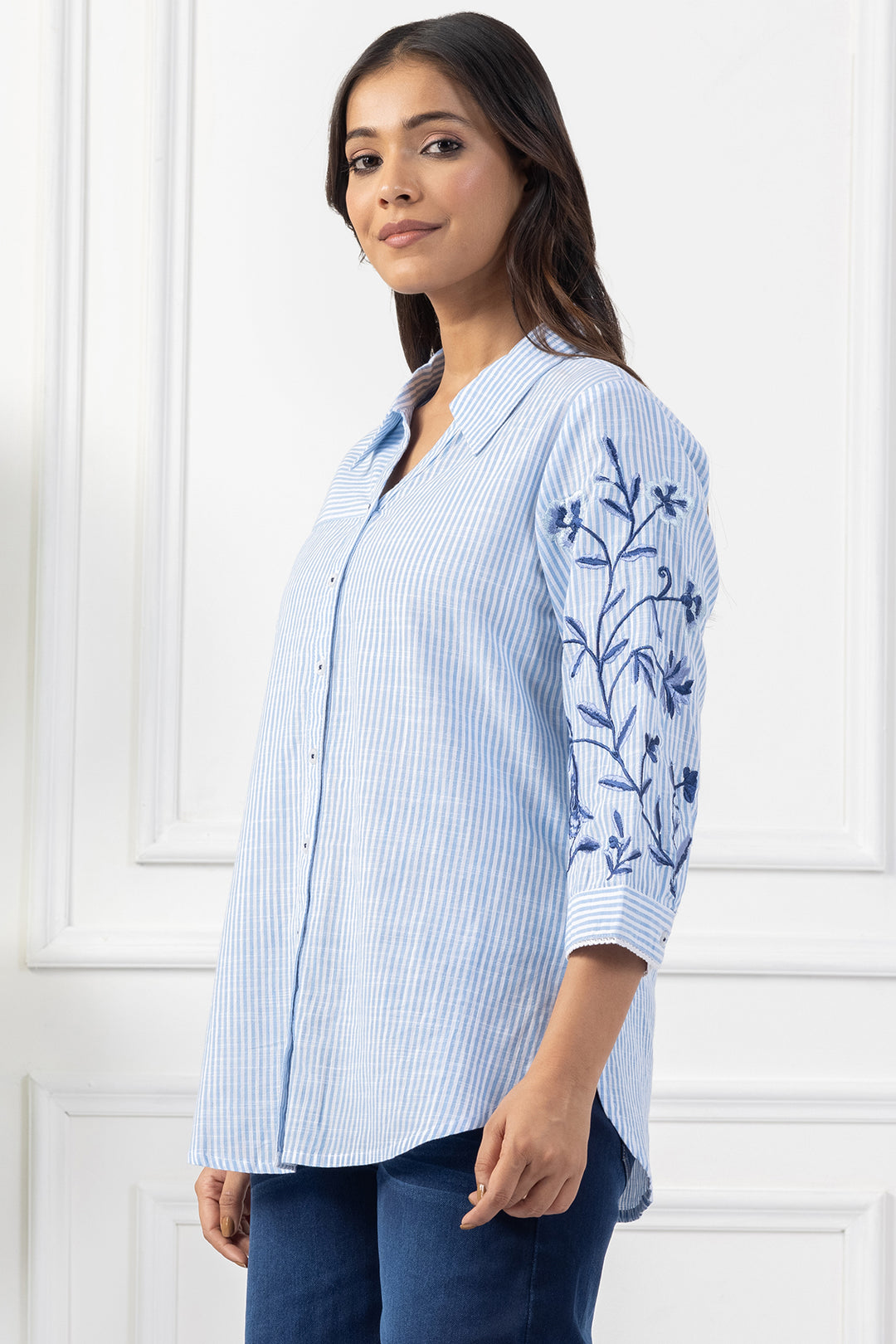 White &amp; Blue Striped Cotton Embroidered Shirt