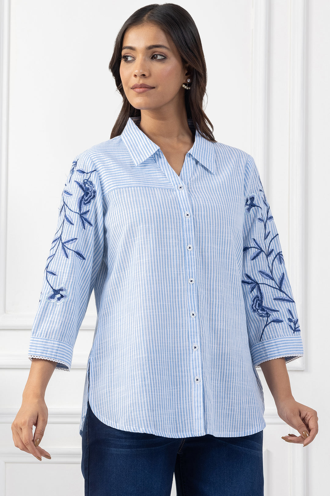 White &amp; Blue Striped Cotton Embroidered Shirt