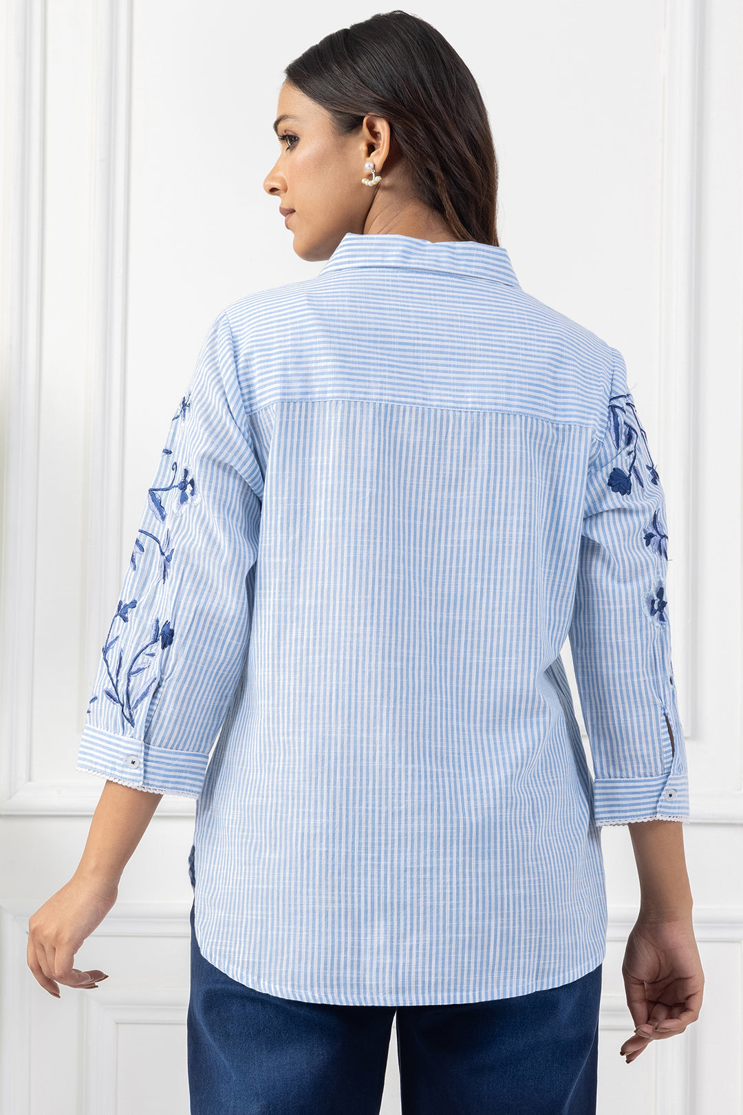 White &amp; Blue Striped Cotton Embroidered Shirt