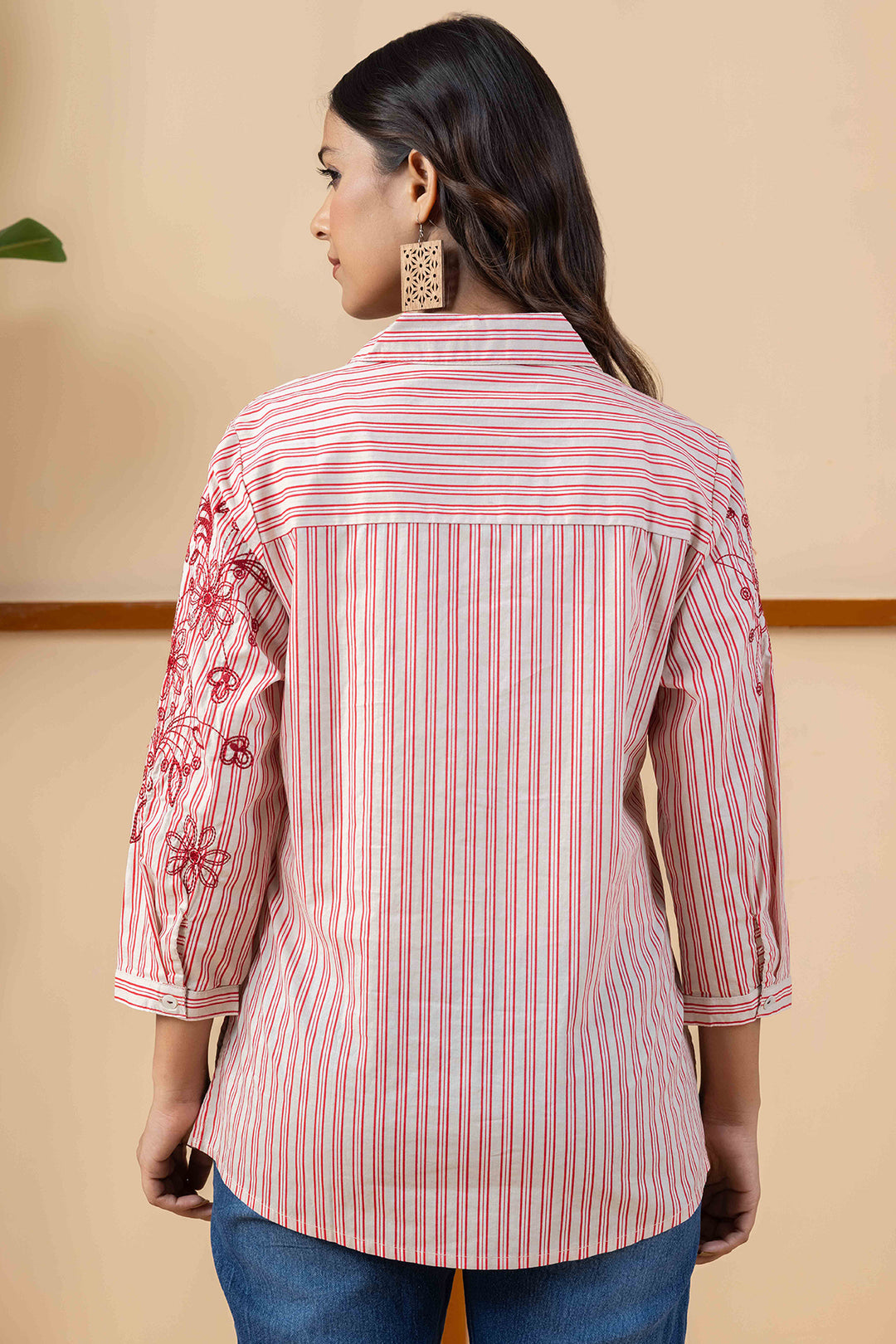 Beige &amp; Red Striped Embroidered Cotton Shirt