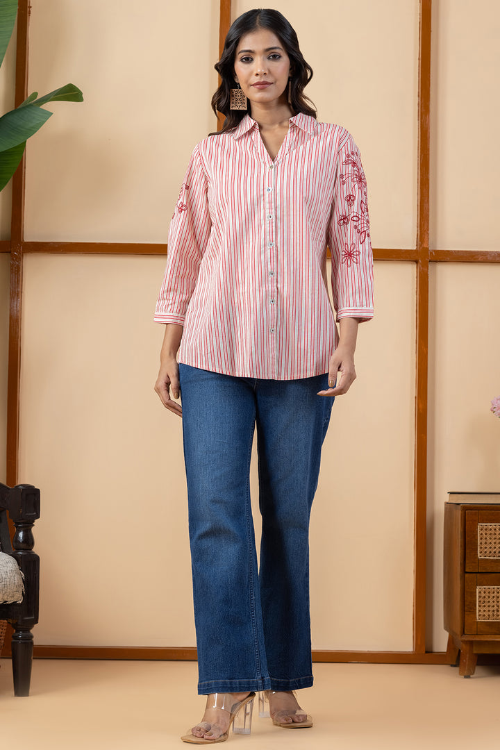 Beige &amp; Red Striped Embroidered Cotton Shirt
