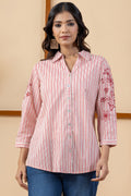 Beige & Red Striped Embroidered Cotton Shirt