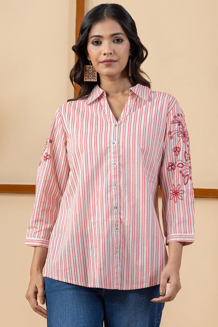 Beige &amp; Red Striped Embroidered Cotton Shirt