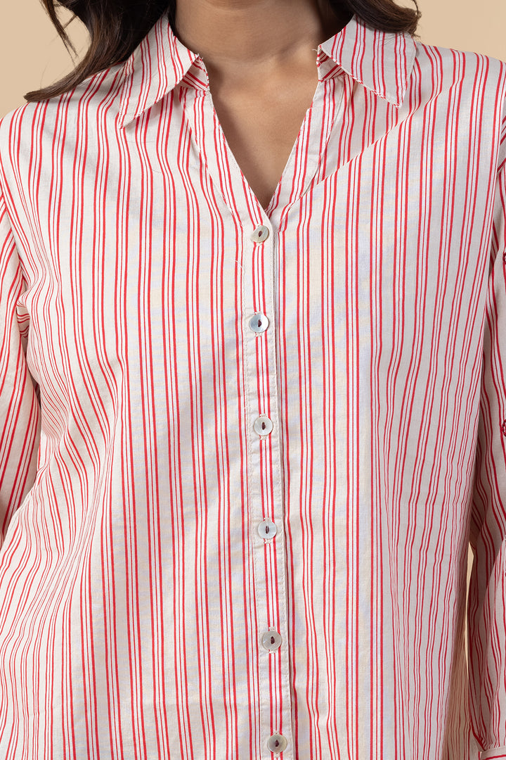 Beige &amp; Red Striped Embroidered Cotton Shirt