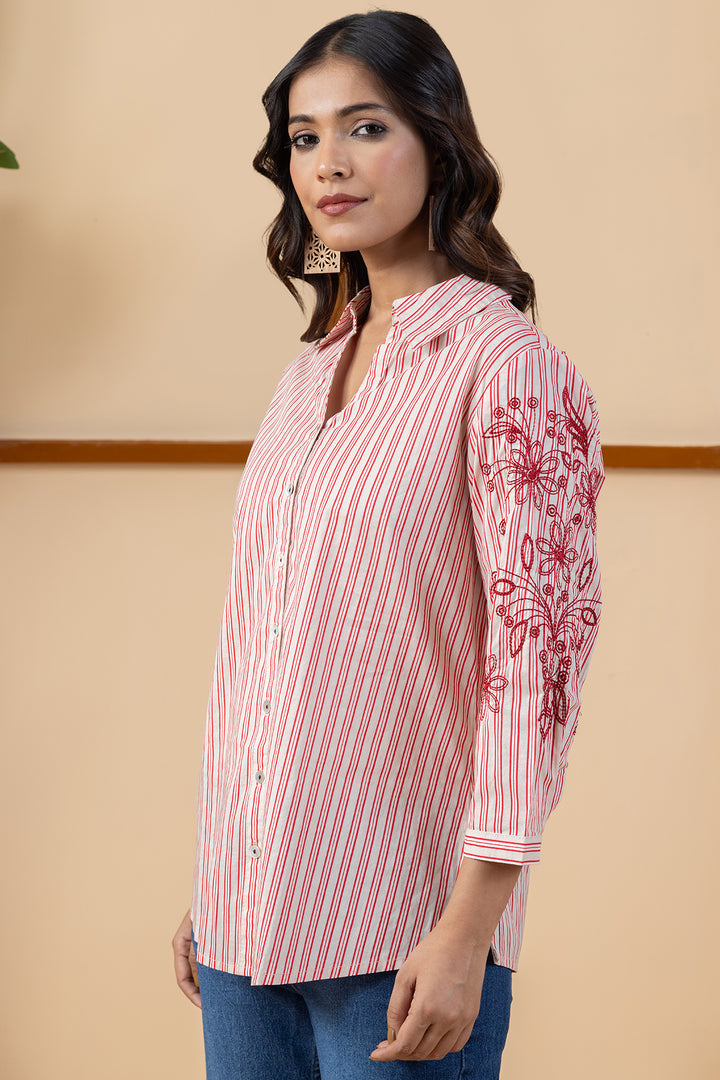 Beige &amp; Red Striped Embroidered Cotton Shirt