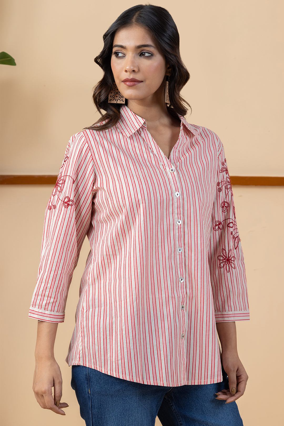 Beige &amp; Red Striped Embroidered Cotton Shirt