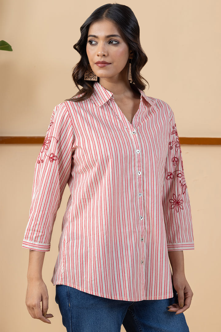 Beige &amp; Red Striped Embroidered Cotton Shirt