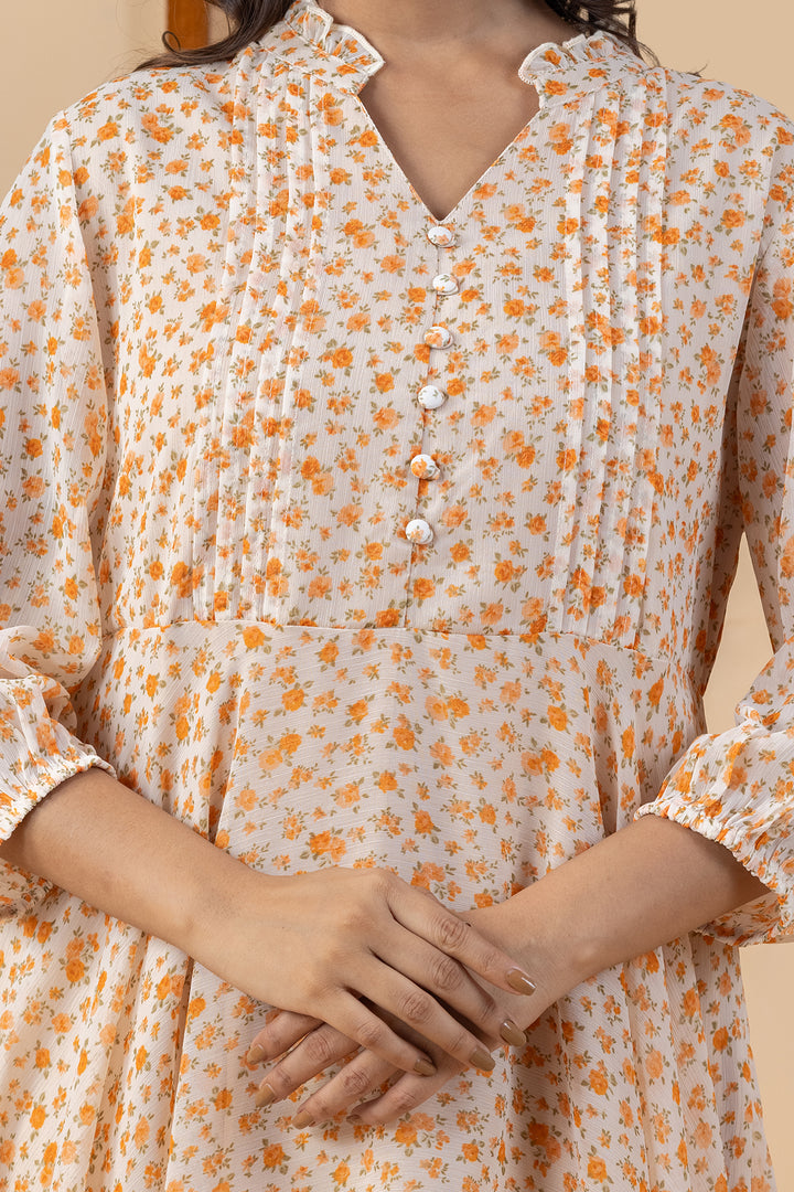 Orange Printed Chiffon Dress with Regular Fit