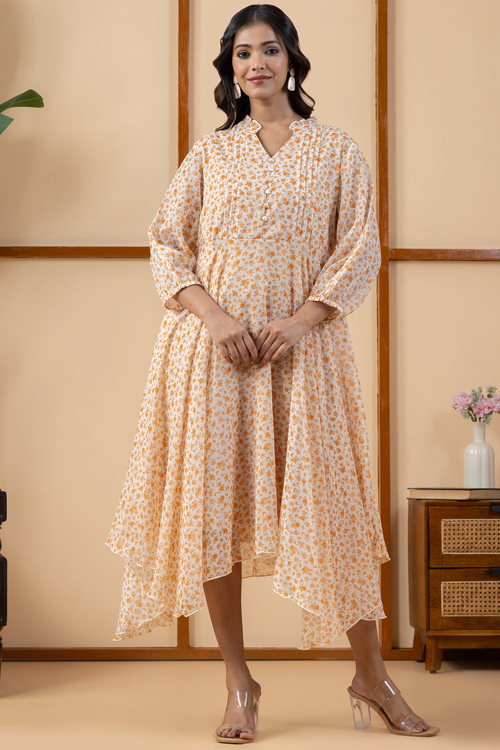 Orange Printed Chiffon Dress with Regular Fit